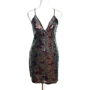 NASTY GAL Butterfly Sequin Mini Dress Black Black Silver Stretch Lined Size 2